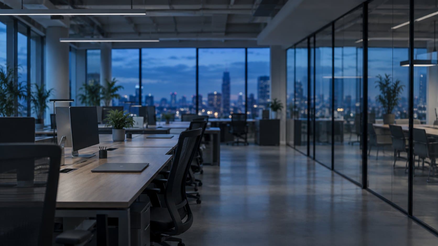 An empty open-plan office at dusk, desks and screens lit against the windows