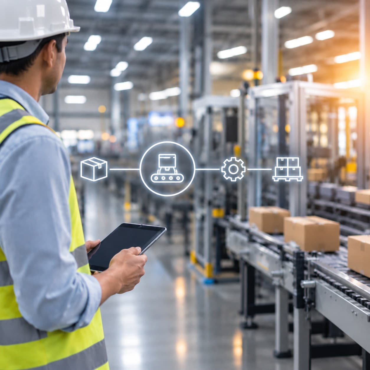 A factory floor, with a line diagram of orders, trucks and plant capacity drawn over it